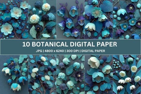 10 Sculpted Teal Botanical Digital Paper: 3D Papercraft Artistry