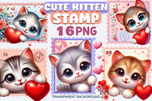 Adorable Kitten Postage Stamp & Heart Bundle PNG