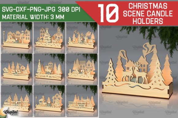 Christmas Scene Candle Holders Laser Cut: 3D Xmas SVG Bundle