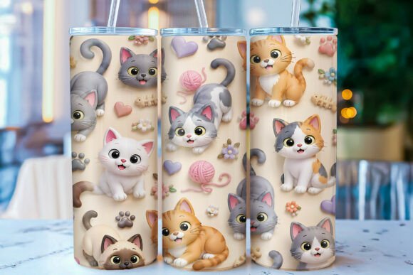 Inflated Kawaii Cat 20 Oz Tumbler Wrap: Adorable Drinkware Design